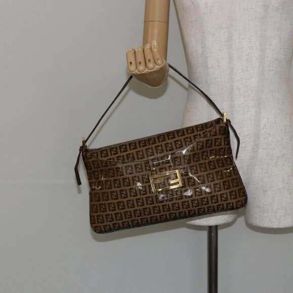 FENDI Zucchino Canvas Mamma Baguette Shoulder Bag Enamel Beige Gold Auth 146481 - Picture 1 of 16